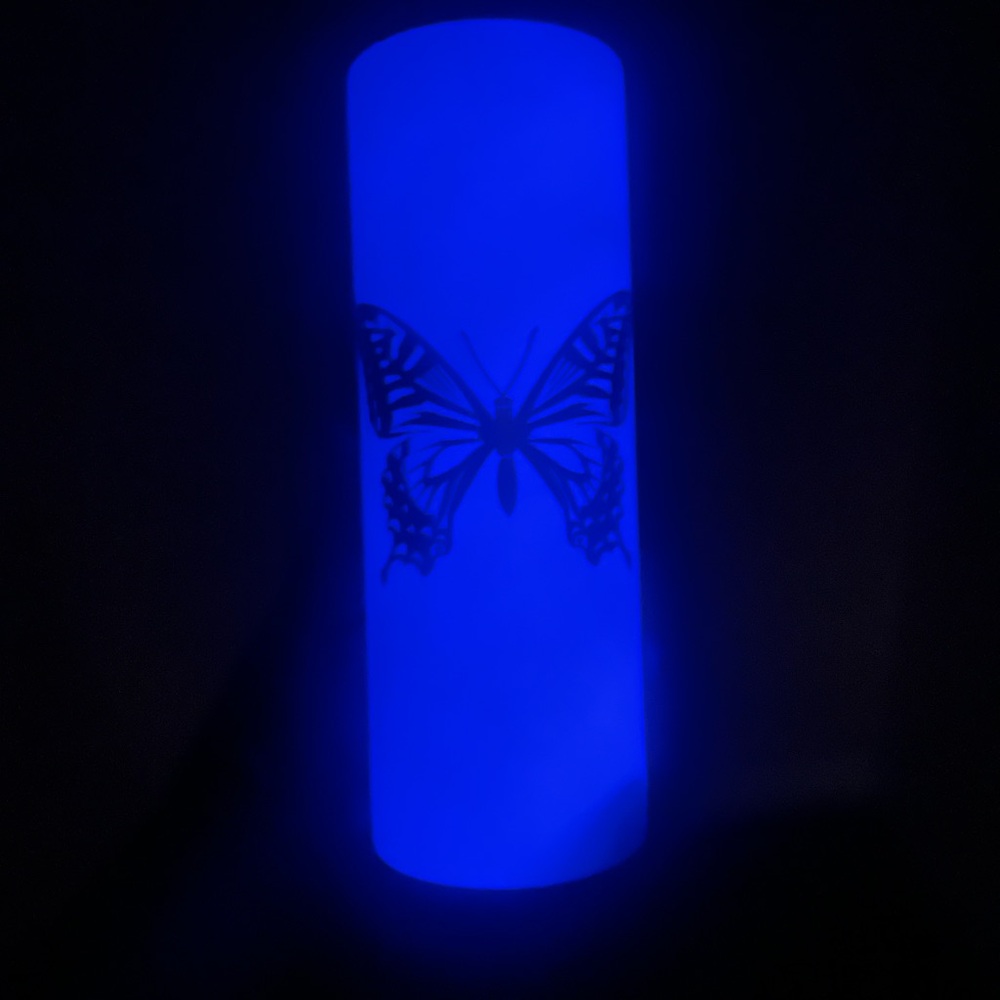 Purple glow in the dark butterfly insulated mug